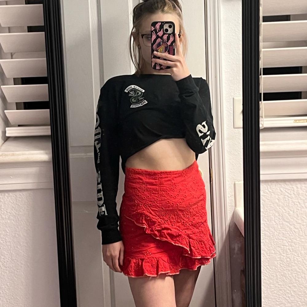 red eyelet skort